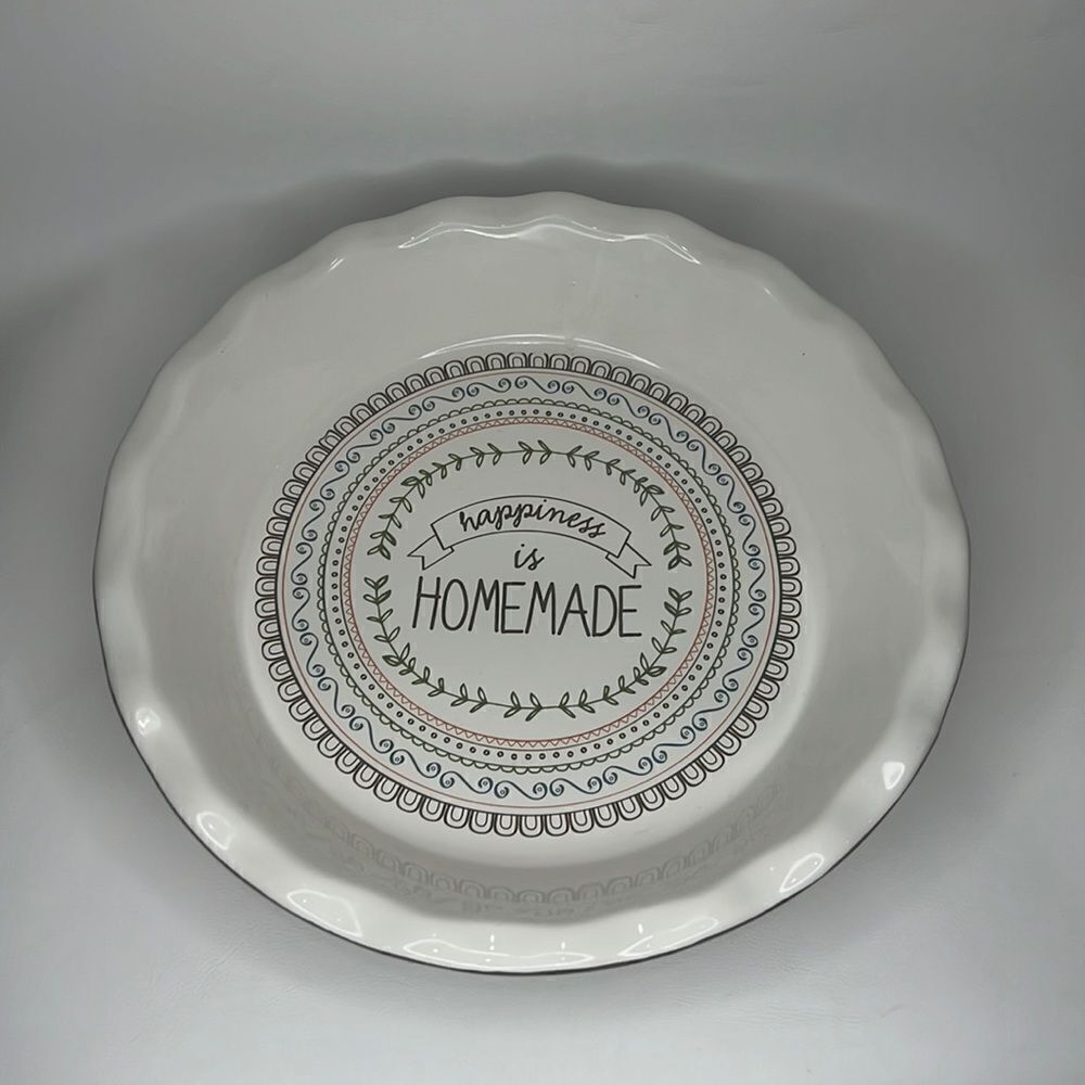 Celebrate It Pie Plate 9 3/4 In Round Happiness Is Homemade Brown White